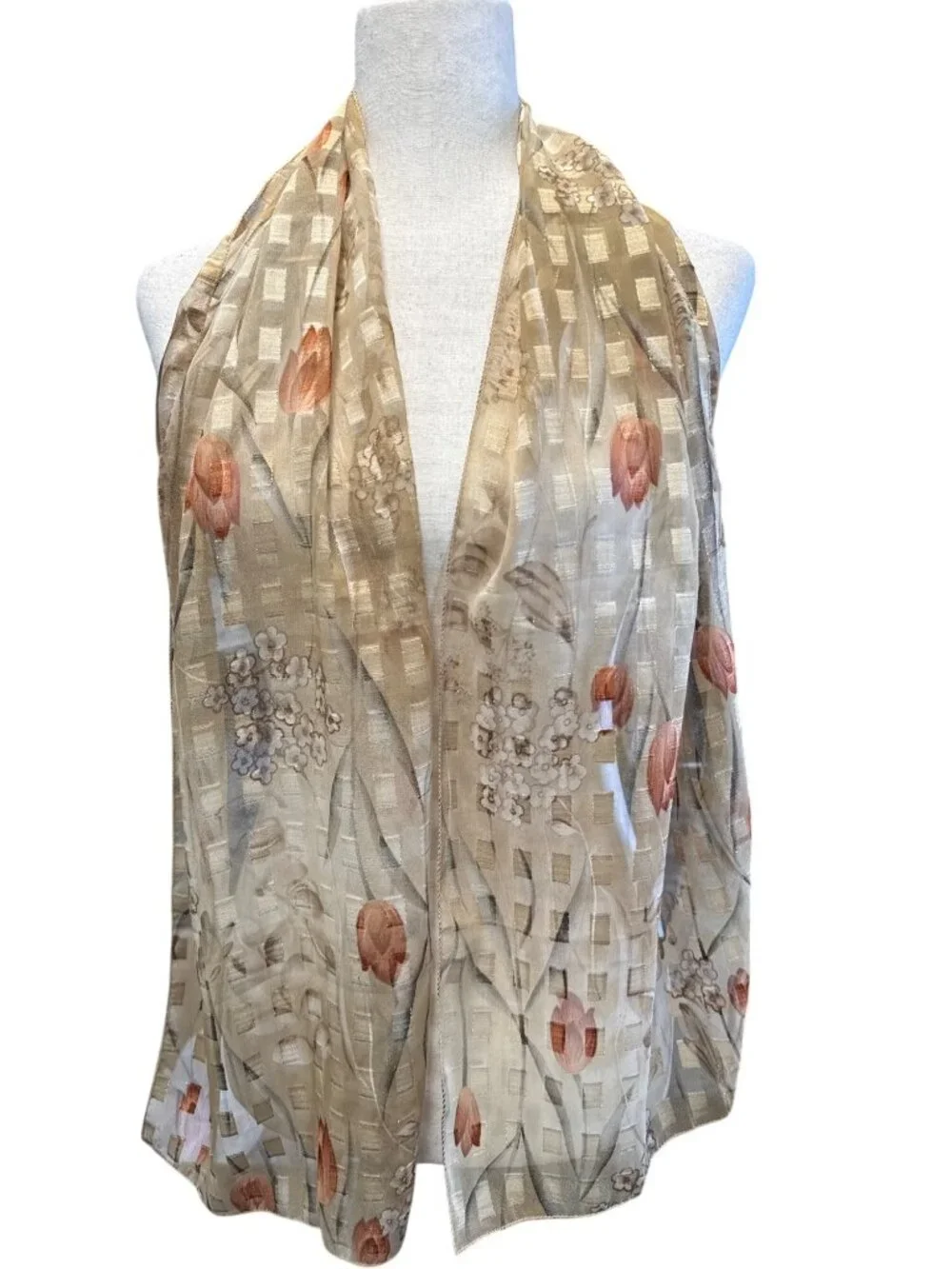 Floral Sheer Chiffon Scarf with Gold Metallic Grid Pattern L2 28